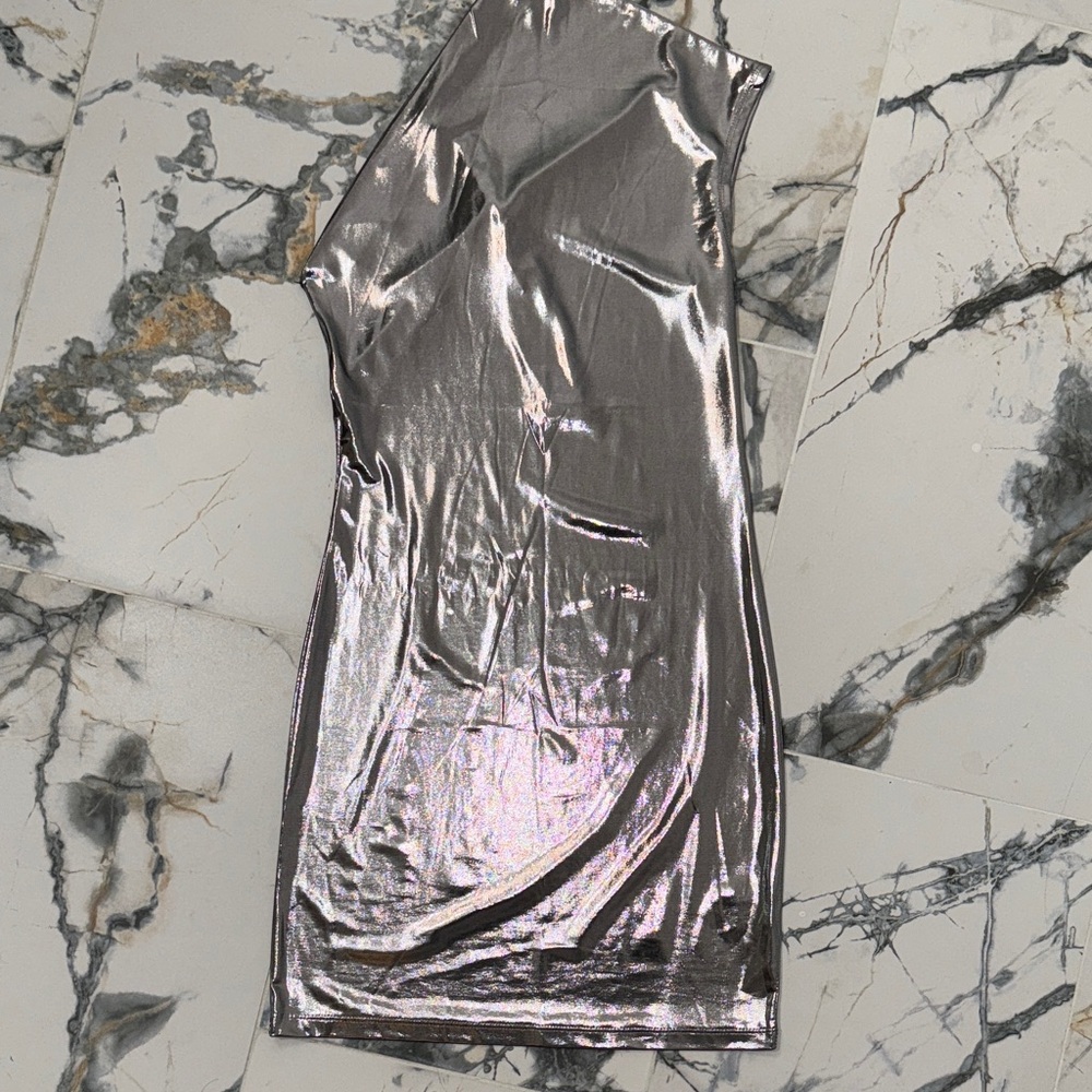 Metallic Silver One-Shoulder Dress